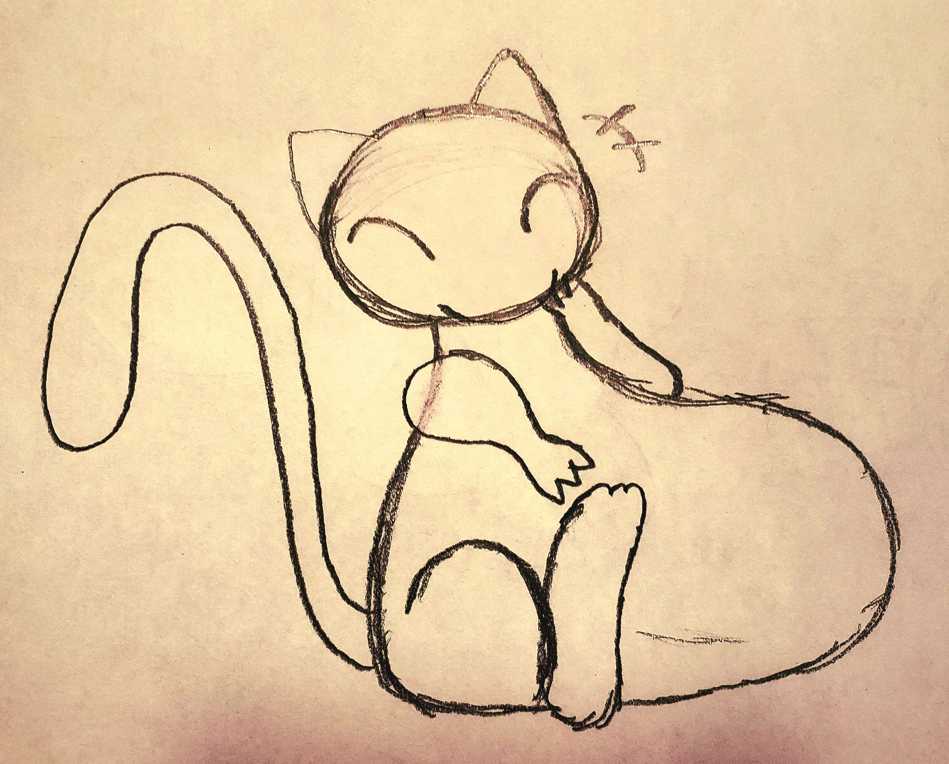 A Mew with a huge belly. Irs expression is amused.