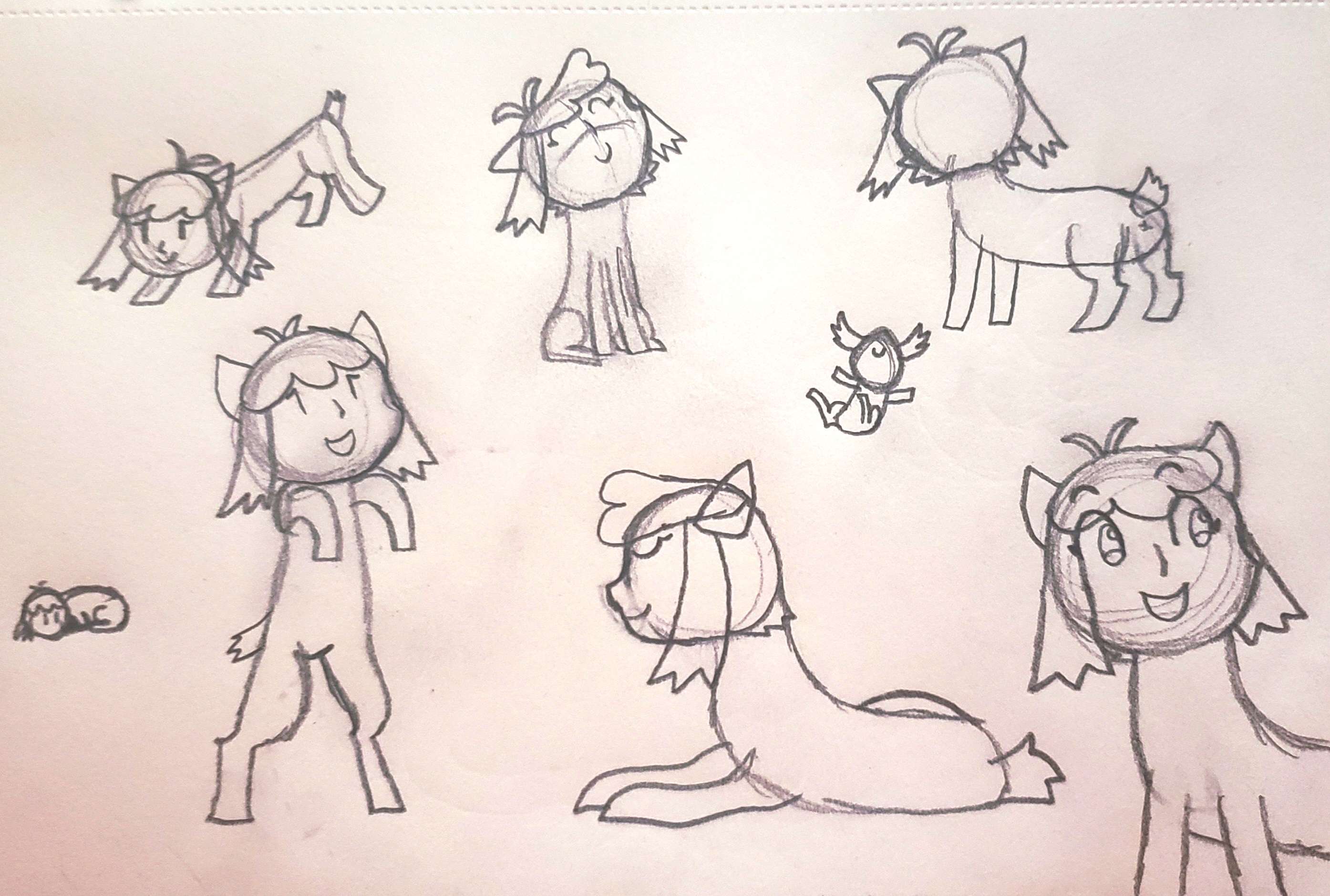 several sketches of Amitie with a goat's body.